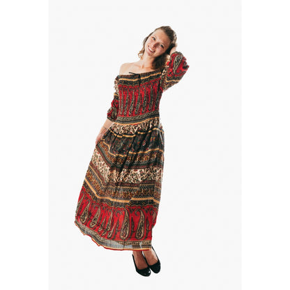 Colorful peasant maxi dress 3/4 sleeve off shoulder boho summer floral blue