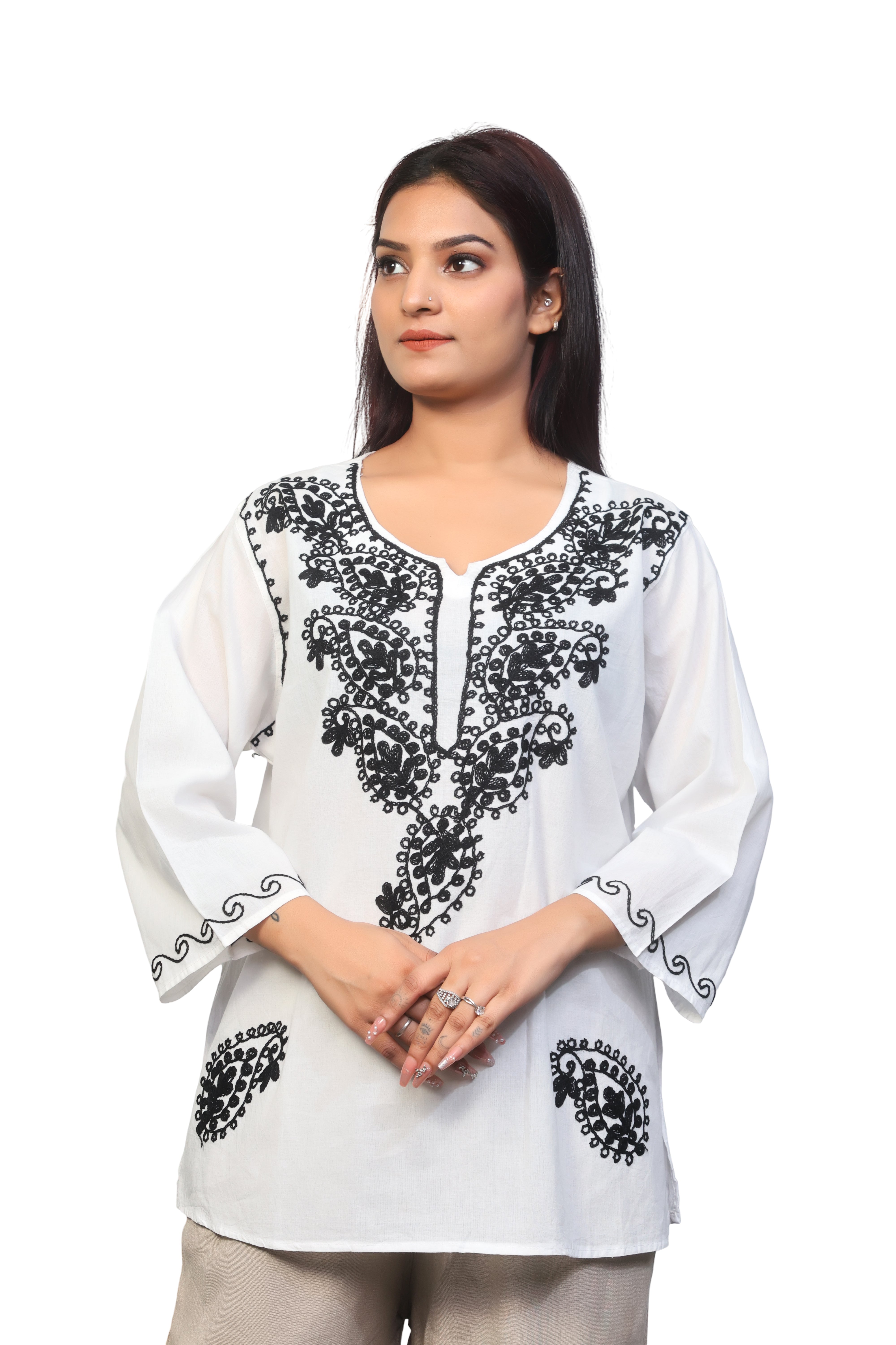 White & black summer cotton top with lace for women