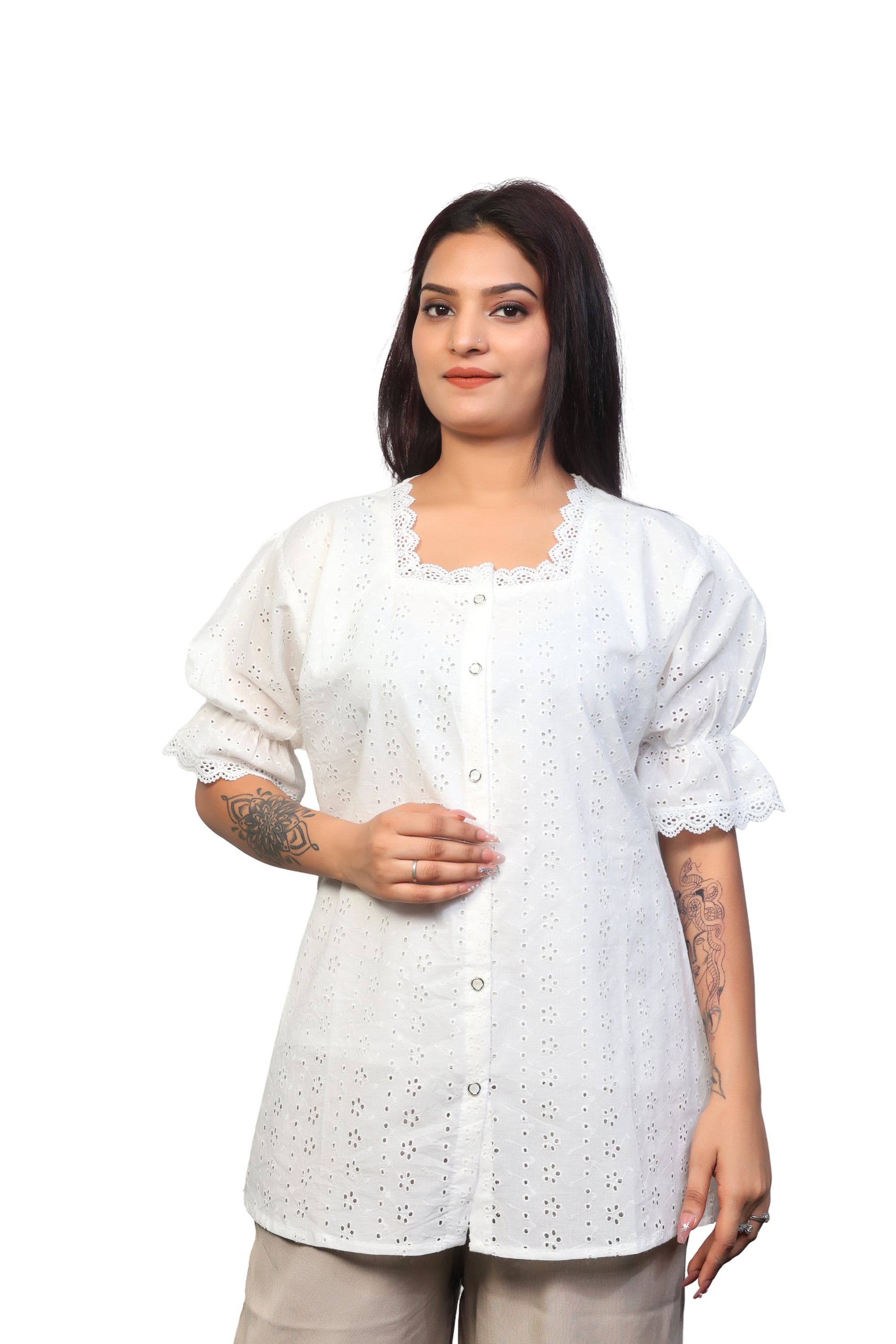 Summer & spring casual white square-neck cotton top / shirt for women