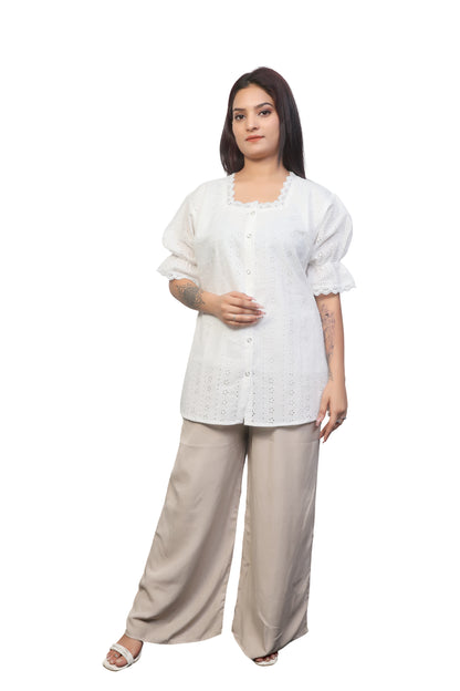 Summer & spring casual white square-neck cotton top / shirt for women