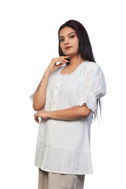 Summer & spring casual white square-neck cotton top / shirt for women