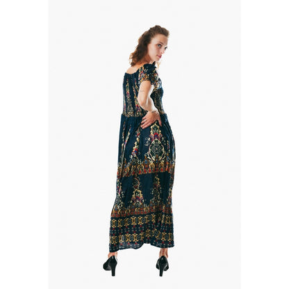 Colorful peasant maxi dress short sleeve off shoulder boho summer floral argyle