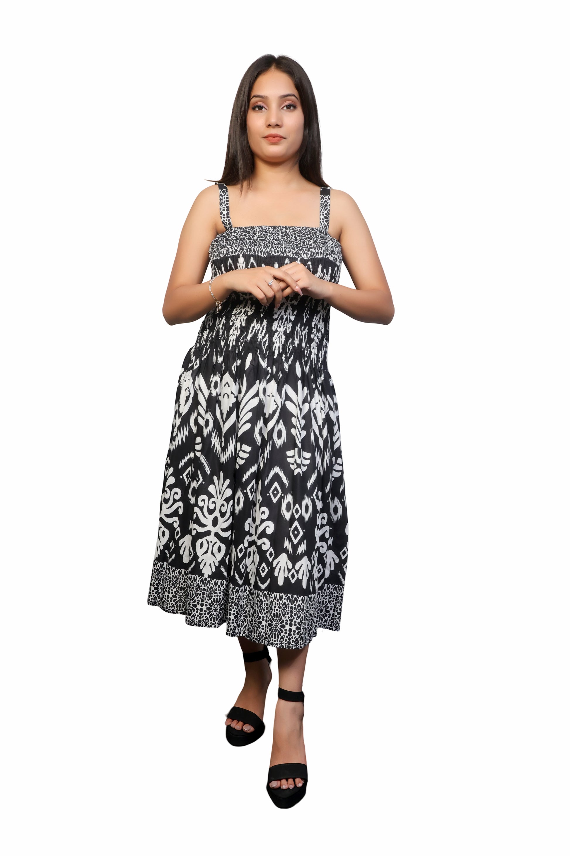 Women's sexy summer &amp; spring square neck spaghetti strap black-white dress.