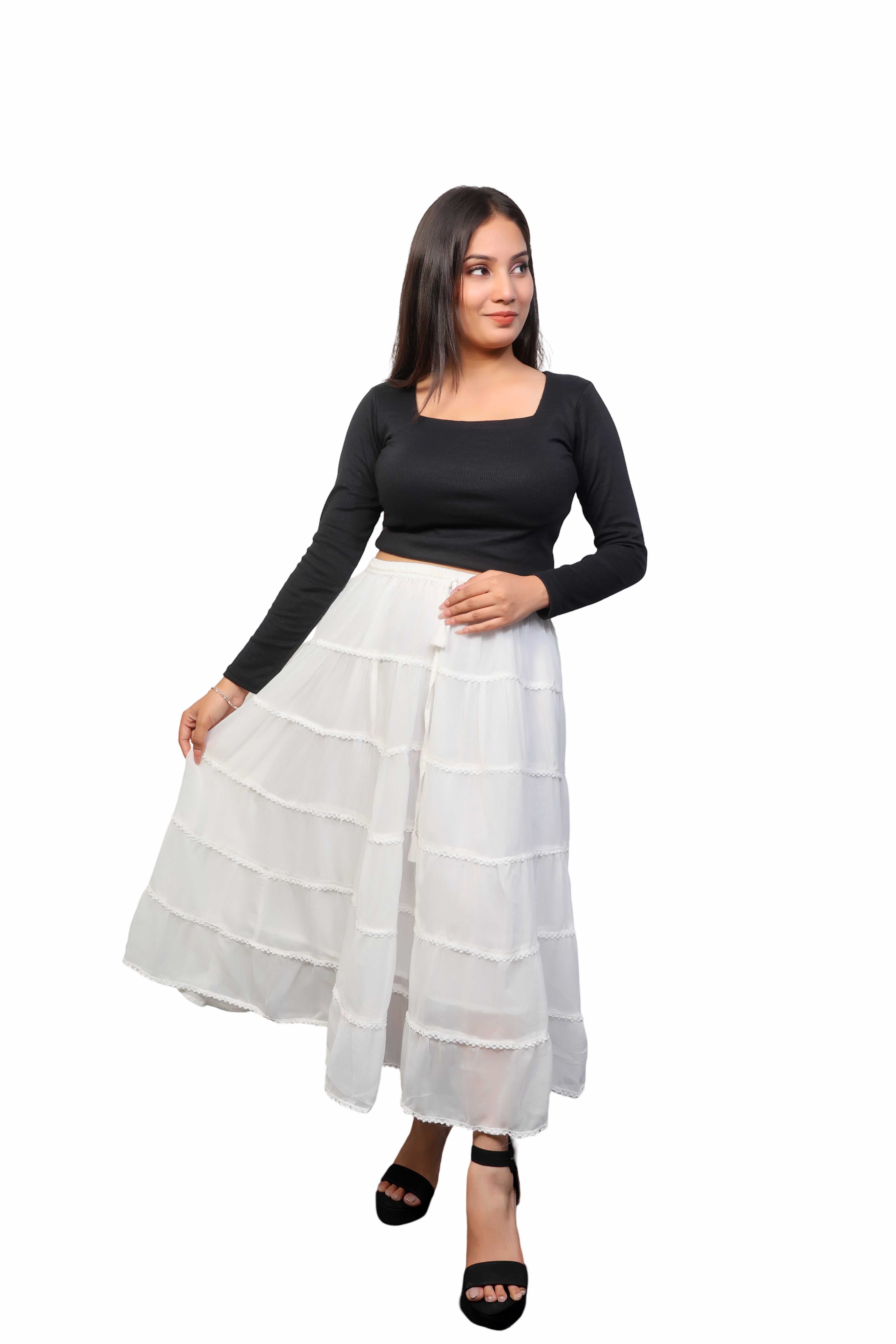 Flowy white a line maxi skirt frock wrap for ladies &nbsp;