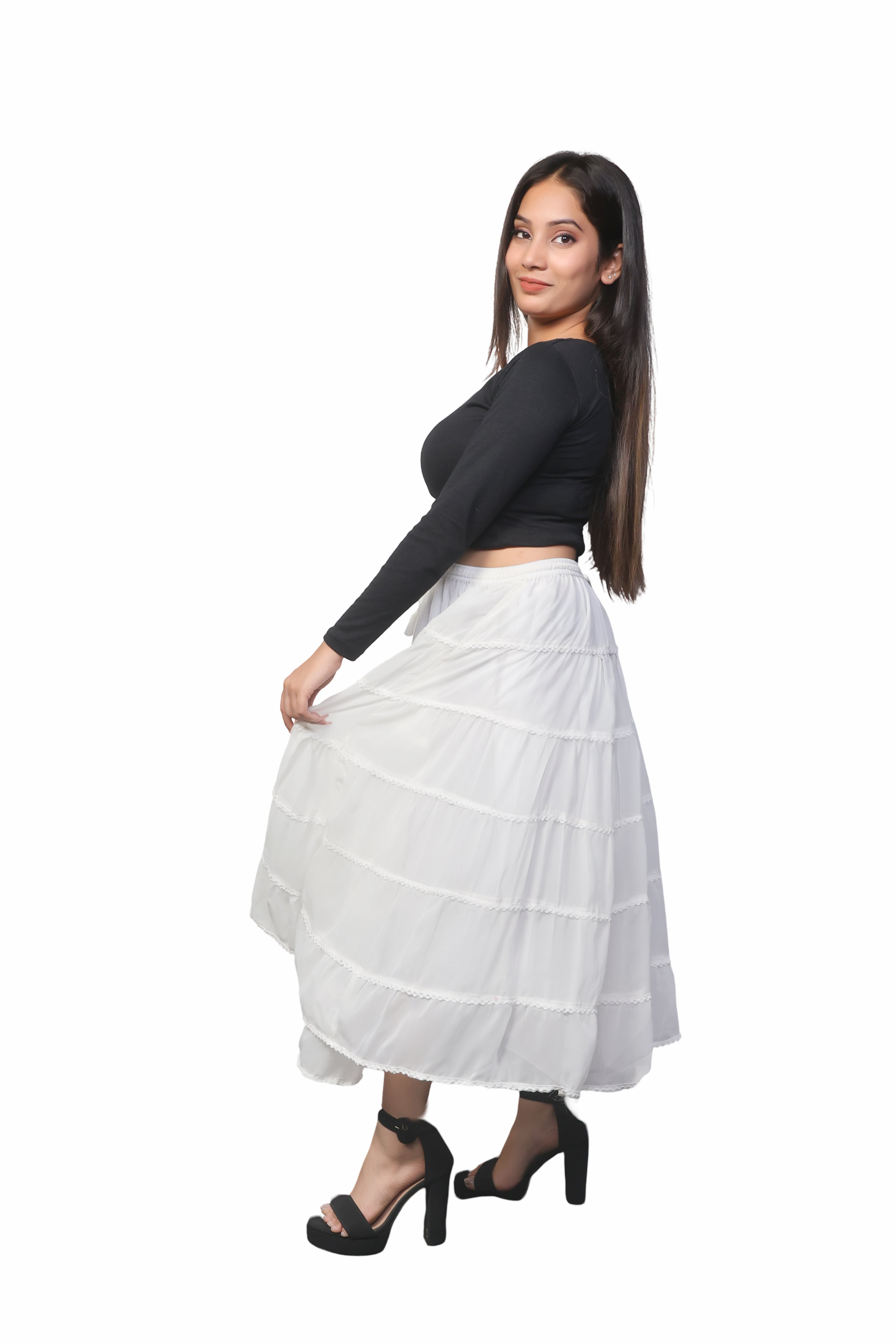 Flowy white a line maxi skirt frock wrap for ladies &nbsp;