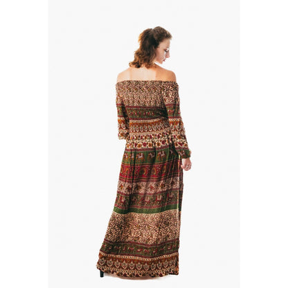 Colorful peasant maxi dress 3/4 sleeve off shoulder boho summer floral blue
