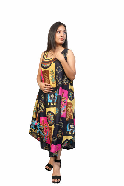 Women's multicolor sleeveless U-neck dress for spring & summer