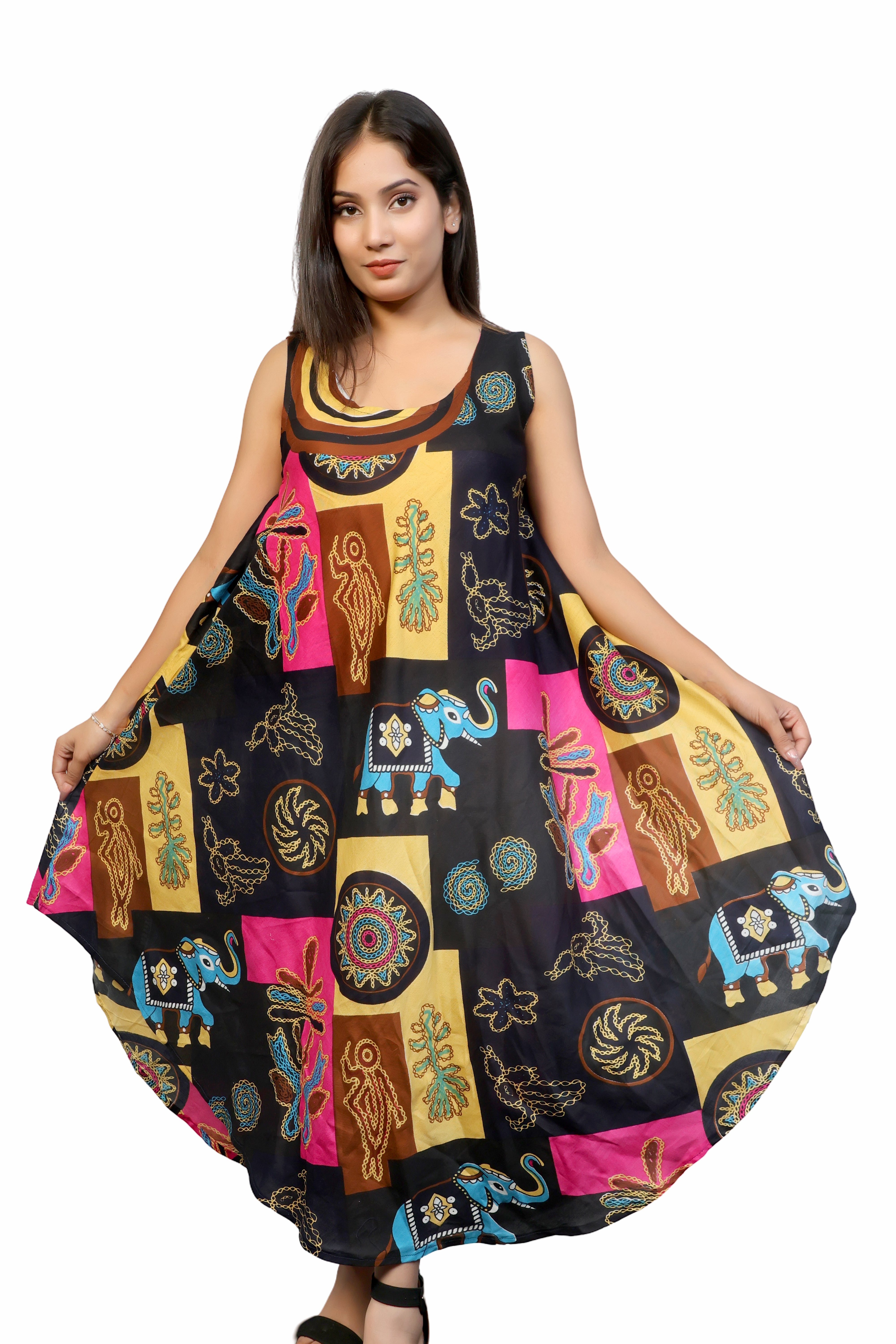 Women's multicolor sleeveless U-neck dress for spring & summer