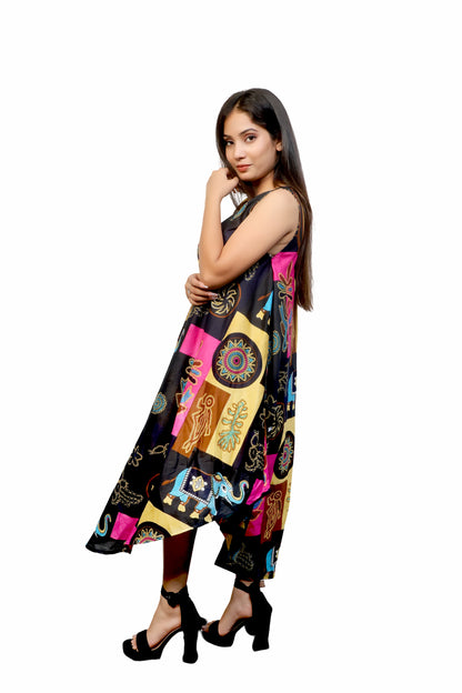 Women's multicolor sleeveless U-neck dress for spring & summer