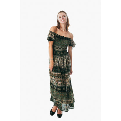 Colorful peasant maxi dress short sleeve off shoulder boho summer floral pesley
