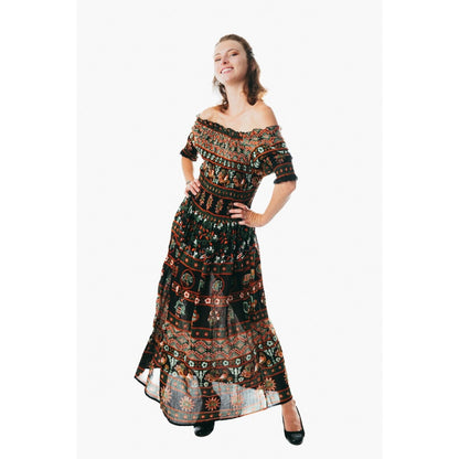 Colorful peasant maxi dress half sleeve off shoulder boho summer floral blue