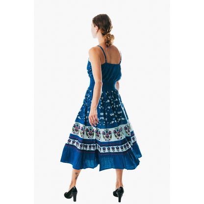 New Sexy Spaghetti Strap Midi Dress Casual Lady blue floral Beach Sash Dress