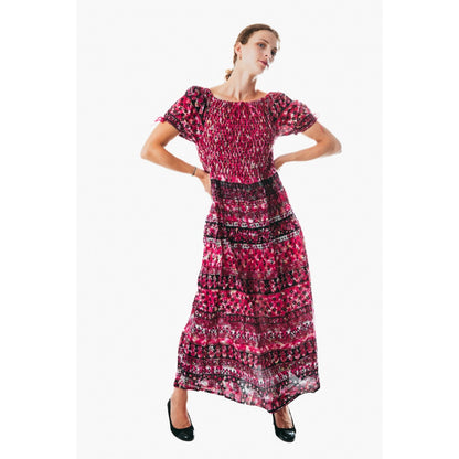 Colorful peasant maxi dress short sleeve off shoulder boho summer floral tie dye