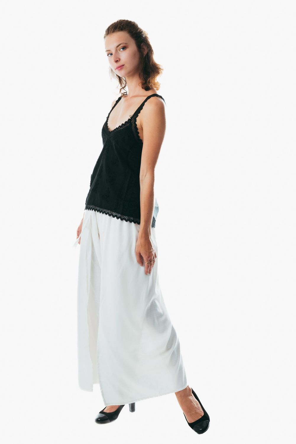 Cotton white wide leg slit pants for women