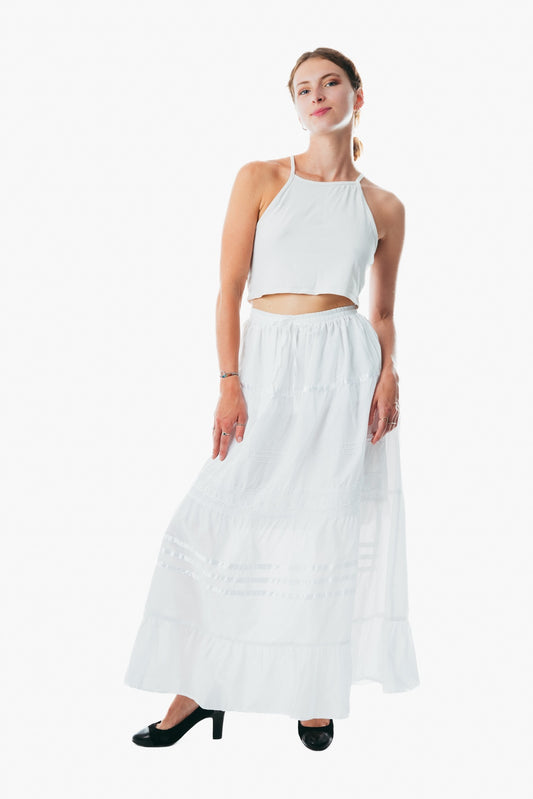 White Cotton Elastic Waist A-Line Maxi Skirt