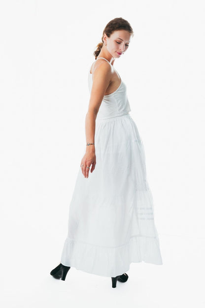 White Cotton Elastic Waist A-Line Maxi Skirt