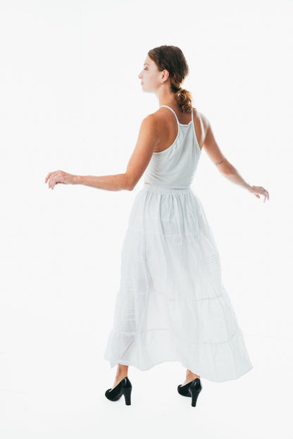 White Cotton Elastic Waist A-Line Maxi Skirt