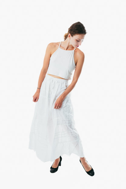 White Cotton Elastic Waist A-Line Maxi Skirt