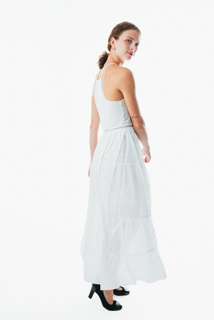 White Cotton Elastic Waist A-Line Maxi Skirt