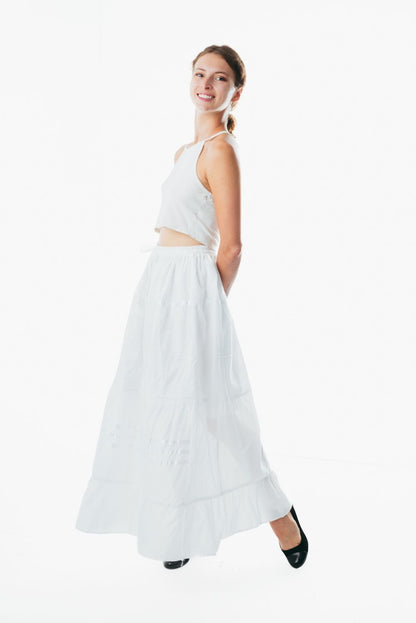 White Cotton Elastic Waist A-Line Maxi Skirt