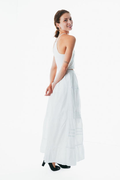 White Cotton Elastic Waist A-Line Maxi Skirt