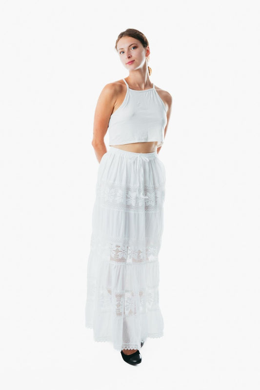 White Cotton Elastic Waist A-Line Maxi Skirt