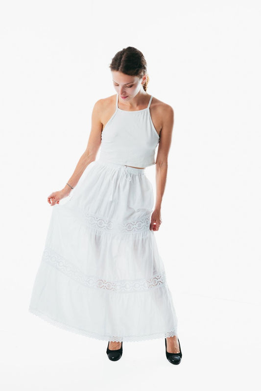 White Cotton Elastic Waist A-Line Maxi Skirt