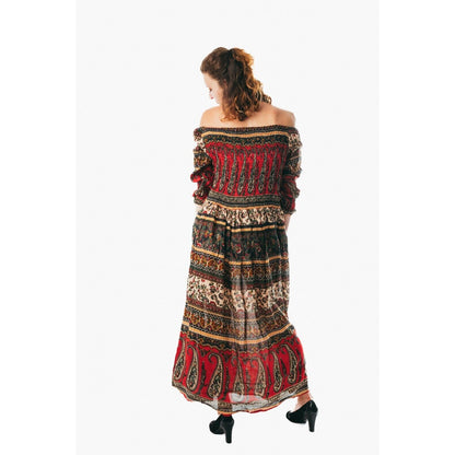 Colorful peasant maxi dress 3/4 sleeve off shoulder boho summer floral blue