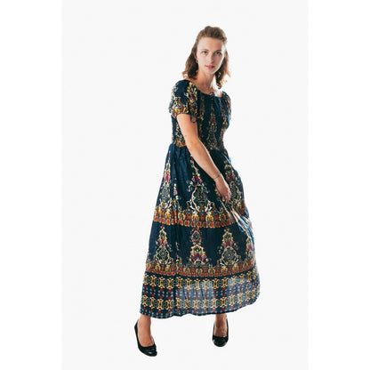 Colorful peasant maxi dress short sleeve off shoulder boho summer floral argyle