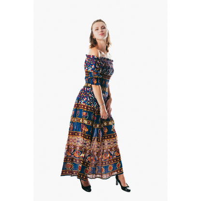 Colorful peasant maxi dress half sleeve off shoulder boho summer floral blue