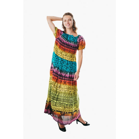 Colorful peasant maxi dress short sleeve off shoulder boho summer floral tie dye