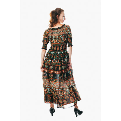 Colorful peasant maxi dress half sleeve off shoulder boho summer floral blue