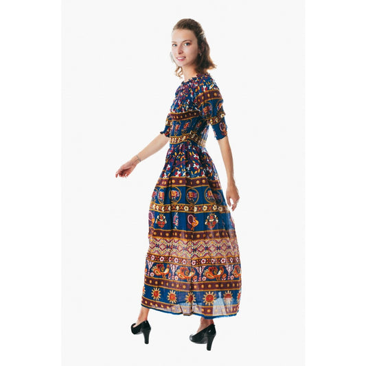 Colorful peasant maxi dress half sleeve off shoulder boho summer floral blue
