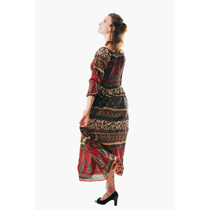 Colorful peasant maxi dress 3/4 sleeve off shoulder boho summer floral blue