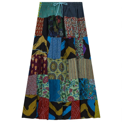 Boho Patchwork Skirt * Long Gypsy Hippie Tiered in 100% Silky cotton * Maxi Full
