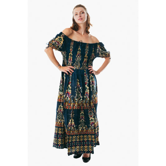 Colorful peasant maxi dress short sleeve off shoulder boho summer floral argyle