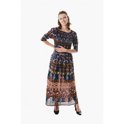Colorful peasant maxi dress half sleeve off shoulder boho summer floral blue