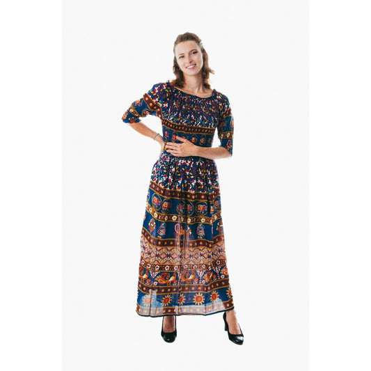 Colorful peasant maxi dress half sleeve off shoulder boho summer floral blue