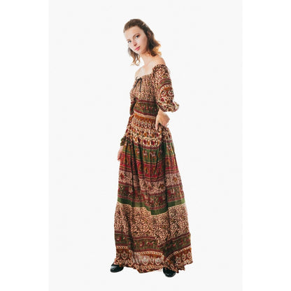 Colorful peasant maxi dress 3/4 sleeve off shoulder boho summer floral blue