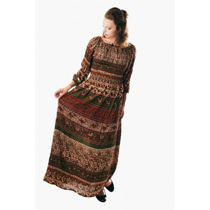 Colorful peasant maxi dress 3/4 sleeve off shoulder boho summer floral blue