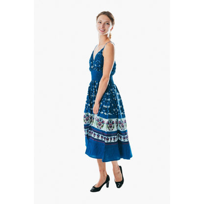 New Sexy Spaghetti Strap Midi Dress Casual Lady blue floral Beach Sash Dress