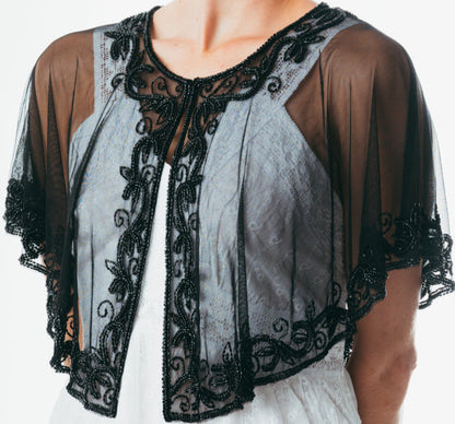 Beaded special occasion shrug / Black Gold shiny evening capelet / Sequin Poncho