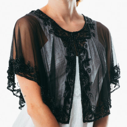 Beaded special occasion shrug / Black Gold shiny evening capelet / Sequin Poncho