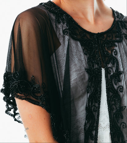 Beaded special occasion shrug / Black Gold shiny evening capelet / Sequin Poncho