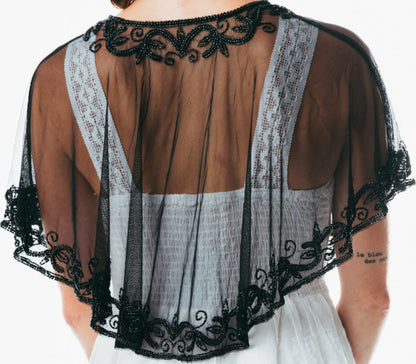 Beaded special occasion shrug / Black Gold shiny evening capelet / Sequin Poncho