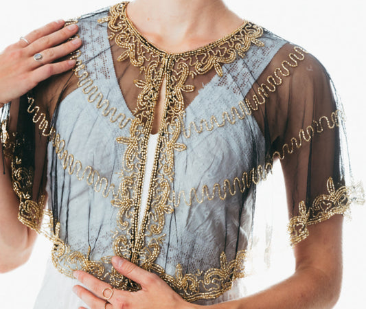 Beaded special occasion shrug / Black Gold shiny evening capelet / Sequin Poncho