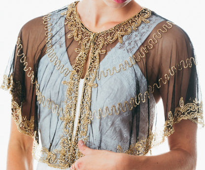 Beaded special occasion shrug / Black Gold shiny evening capelet / Sequin Poncho