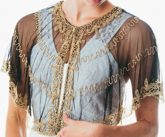 Beaded special occasion shrug / Black Gold shiny evening capelet / Sequin Poncho