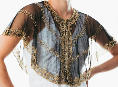 Beaded special occasion shrug / Black Gold shiny evening capelet / Sequin Poncho