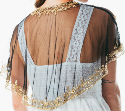 Beaded special occasion shrug / Black Gold shiny evening capelet / Sequin Poncho